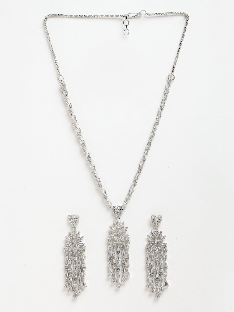 Rhodium-Plated with Silver-Tone White American Diamond-Studded Jewellery Set Combo