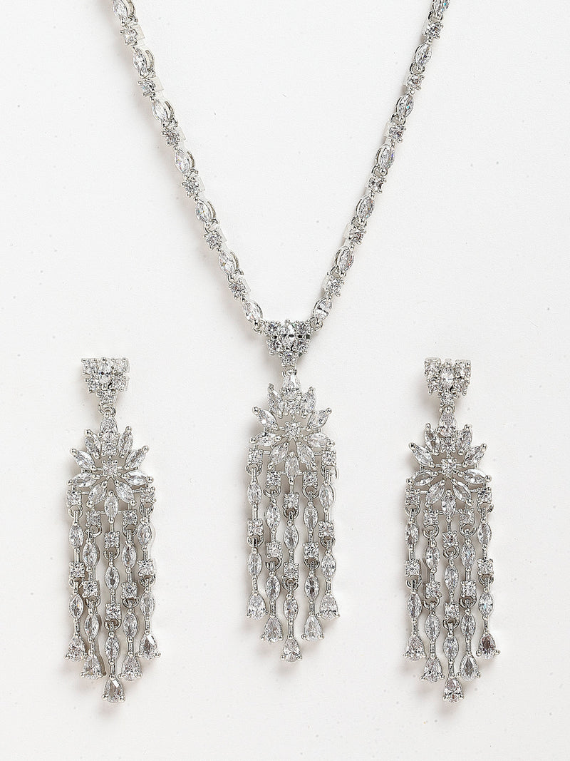 Rhodium-Plated with Silver-Tone White American Diamond-Studded Jewellery Set Combo
