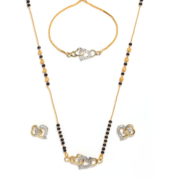 Heart Shaped Gold-Plated & White AD-Studded & Beaded Mangalsutra Set