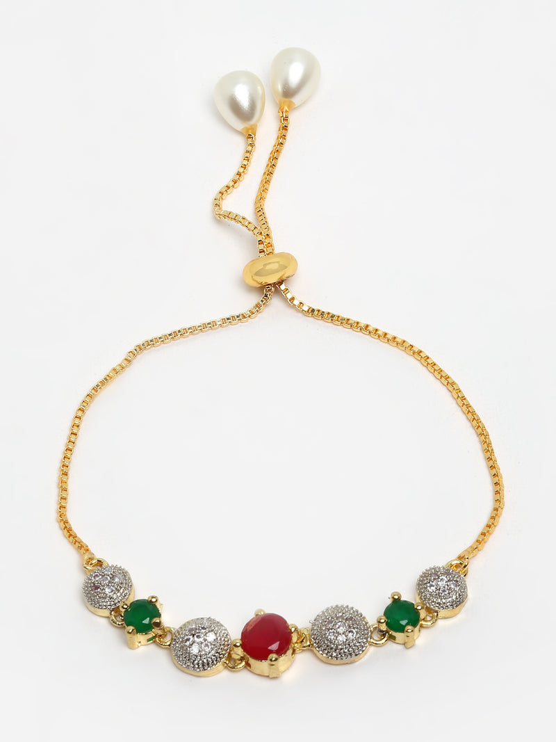 Red & Green Gold-Plated CZ Stone-Studded Jewellery Set Combo