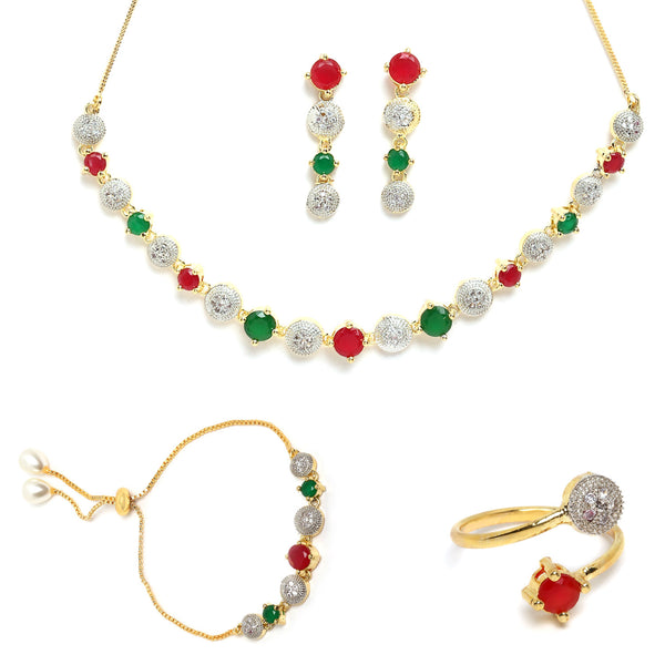Red & Green Gold-Plated CZ Stone-Studded Jewellery Set Combo