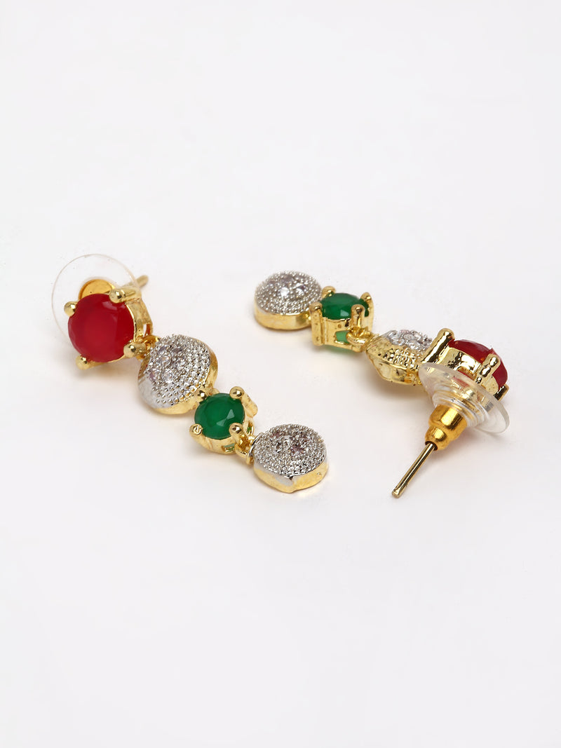 Red & Green Gold-Plated CZ Stone-Studded Jewellery Set Combo