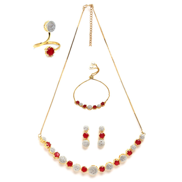 Gold-Plated Red & White CZ Stone-Studded Jewellery Set Combo