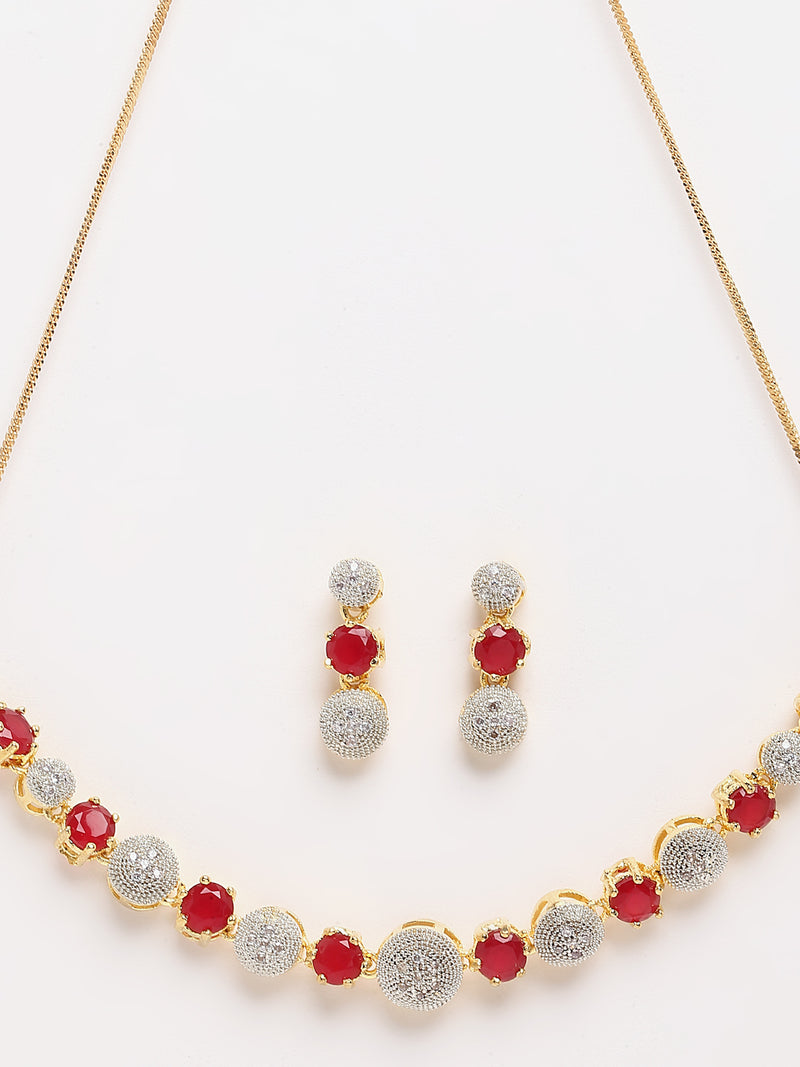 Gold-Plated Red & White CZ Stone-Studded Jewellery Set Combo