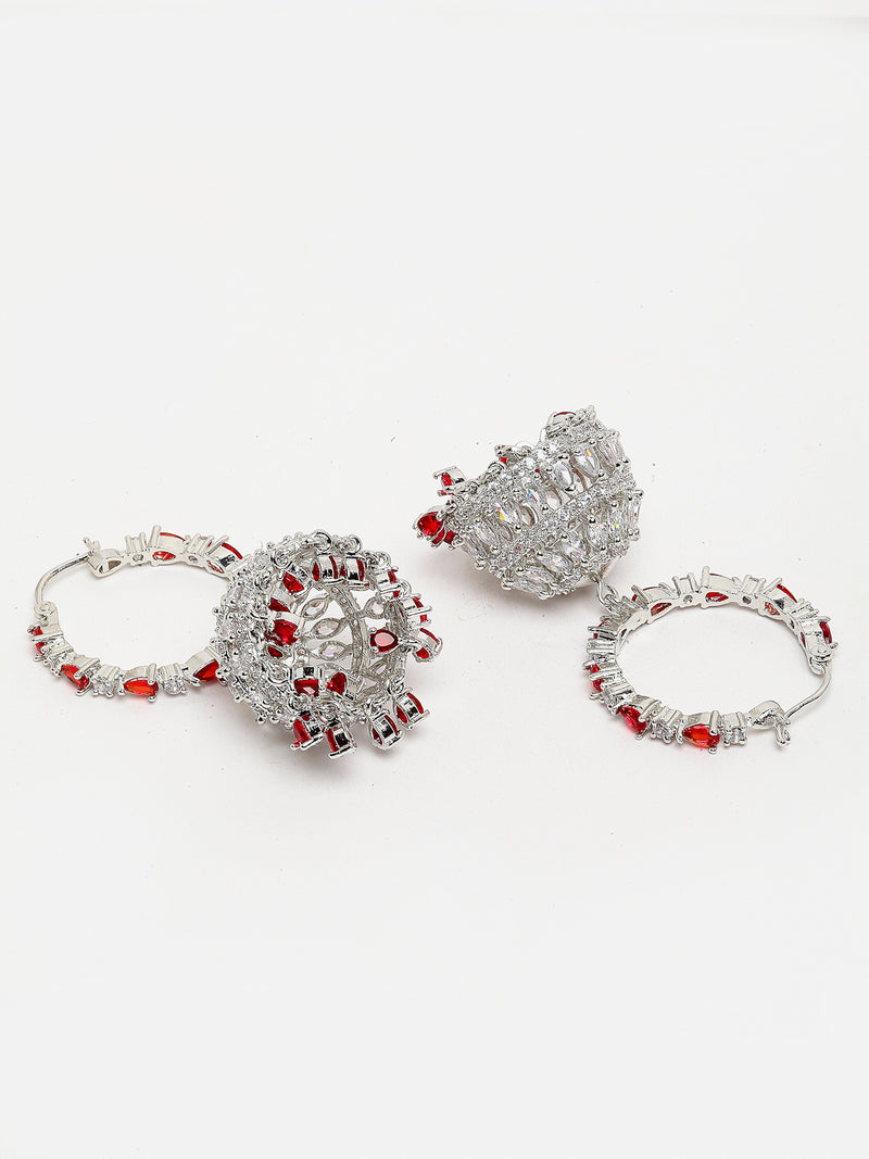 Rhodium-Plated with Silver-Tone & Red American Diamond Stone-Studded Jewellery Set Combo