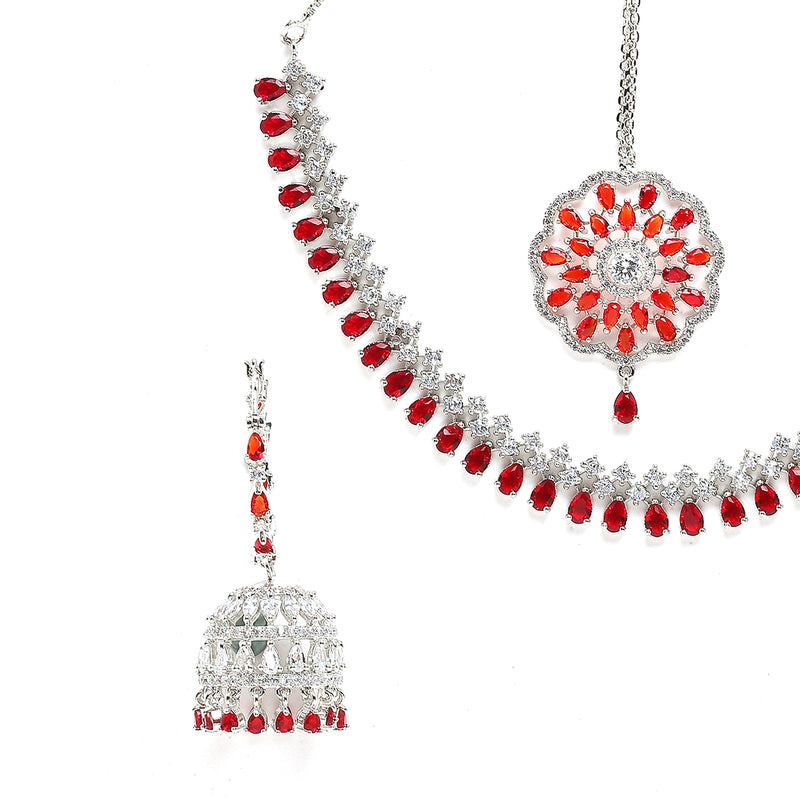 Rhodium-Plated with Silver-Tone & Red American Diamond Stone-Studded Jewellery Set Combo