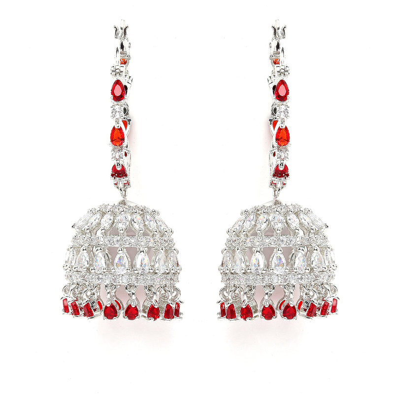 Rhodium-Plated with Silver-Tone & Red American Diamond Stone-Studded Jewellery Set Combo