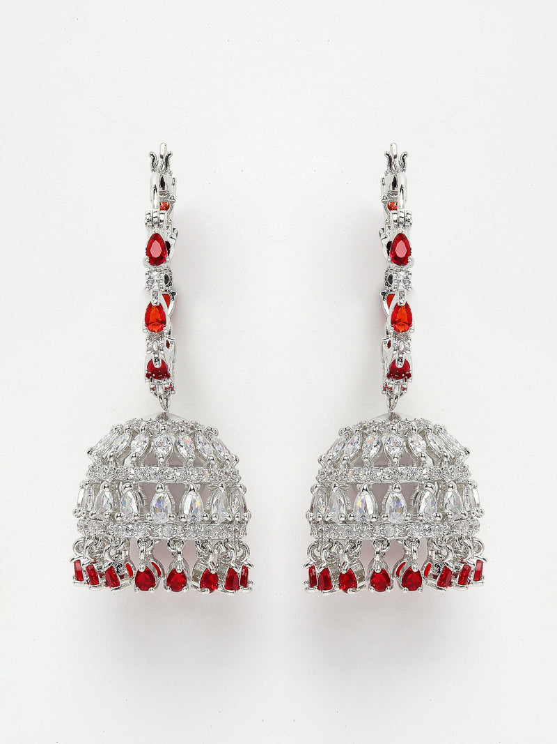 Rhodium-Plated with Silver-Tone & Red American Diamond Stone-Studded Jewellery Set Combo