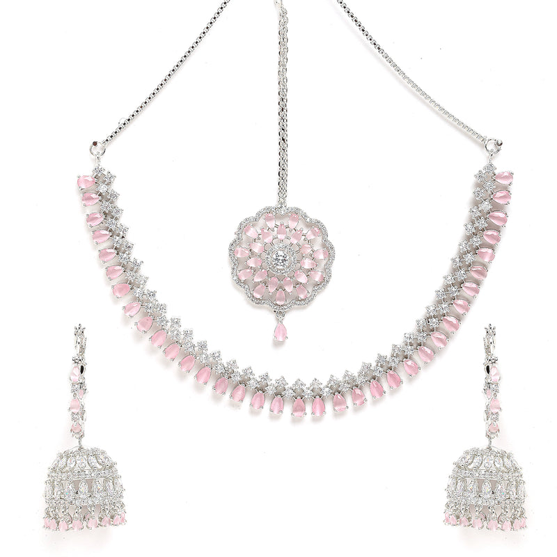 Rhodium-Plated with Silver-Tone & Pink American Diamond-Studded Jewellery Set Combo
