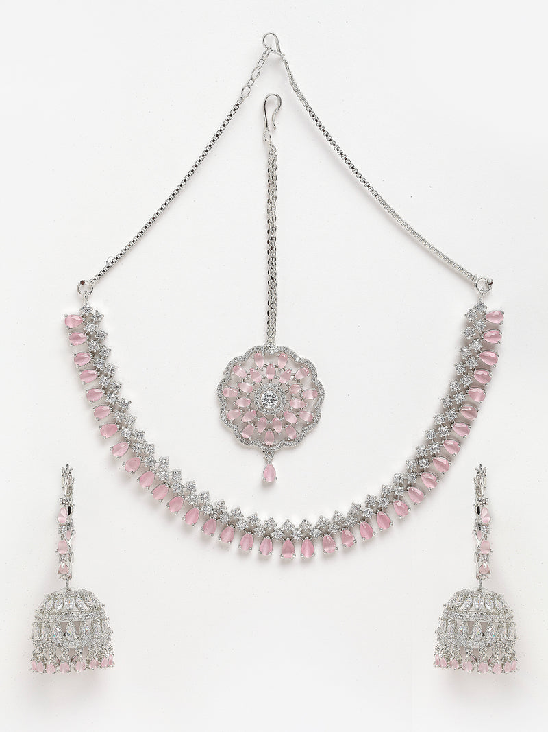 Rhodium-Plated with Silver-Tone & Pink American Diamond-Studded Jewellery Set Combo