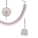Rhodium-Plated with Silver-Tone & Pink American Diamond-Studded Jewellery Set Combo