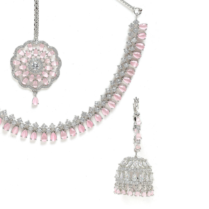 Rhodium-Plated with Silver-Tone & Pink American Diamond-Studded Jewellery Set Combo