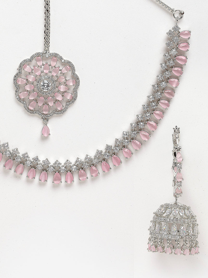 Rhodium-Plated with Silver-Tone & Pink American Diamond-Studded Jewellery Set Combo