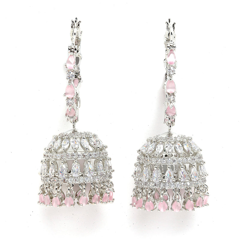 Rhodium-Plated with Silver-Tone & Pink American Diamond-Studded Jewellery Set Combo