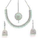 Rhodium-Plated with Silver-Tone Sea Green American Diamond Stone-studded Jewellery Set with Mang Tika Combo