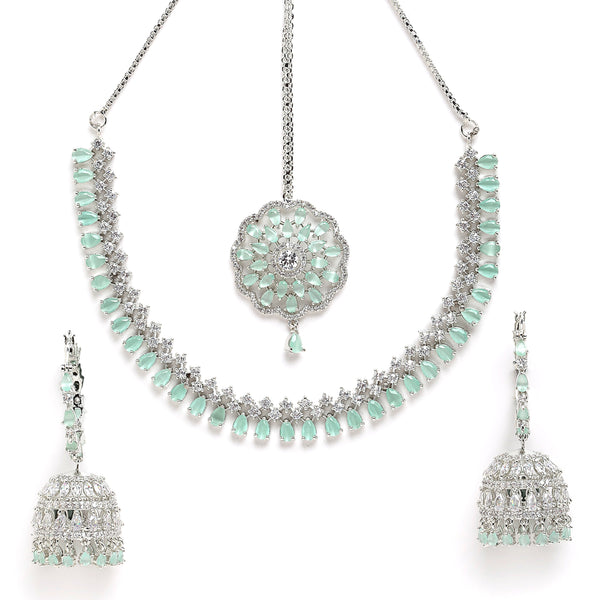 Rhodium-Plated with Silver-Tone Sea Green American Diamond Stone-studded Jewellery Set with Mang Tika Combo
