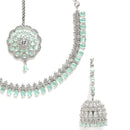 Rhodium-Plated with Silver-Tone Sea Green American Diamond Stone-studded Jewellery Set with Mang Tika Combo