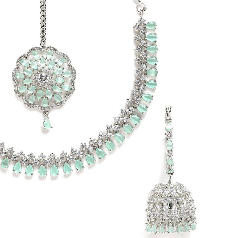Rhodium-Plated with Silver-Tone Sea Green American Diamond Stone-studded Jewellery Set with Mang Tika Combo