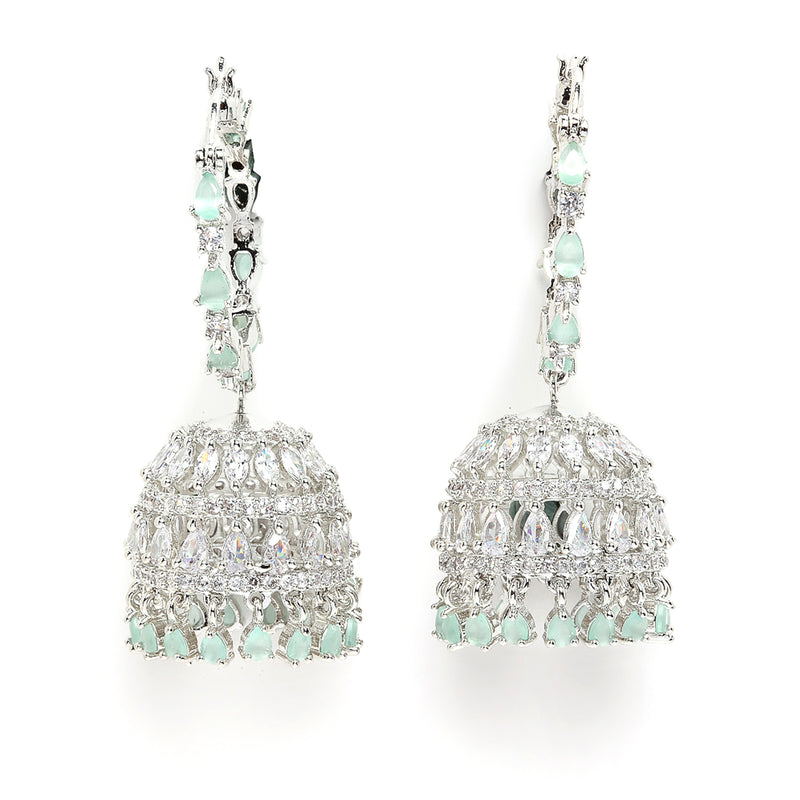 Rhodium-Plated with Silver-Tone Sea Green American Diamond Stone-studded Jewellery Set with Mang Tika Combo