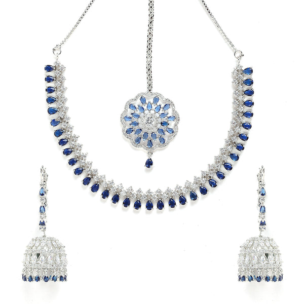 Rhodium-Plated with Silver-Tone Navy Blue & White American Diamond Stone-Studded Jewellery Set Combo