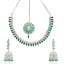 Rhodium-Plated with Silver-Tone Green American Diamond Stone-studded Jewellery Set with Mang Tika Combo