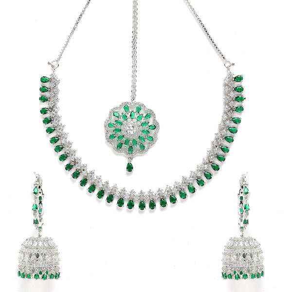 Rhodium-Plated with Silver-Tone Green American Diamond Stone-studded Jewellery Set with Mang Tika Combo