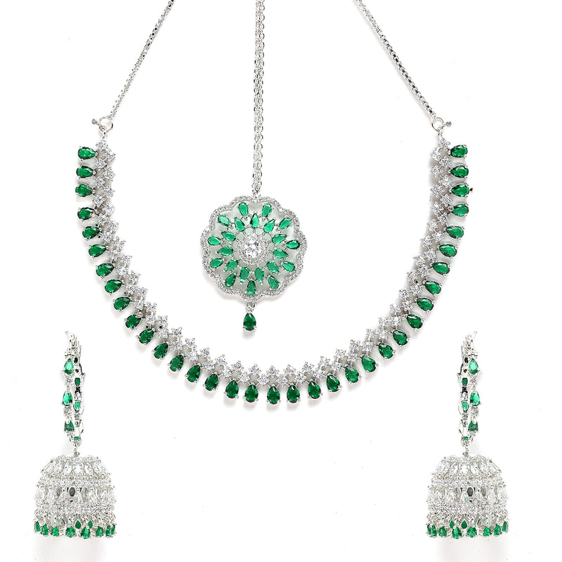Rhodium-Plated with Silver-Tone Green American Diamond Stone-studded Jewellery Set with Mang Tika Combo