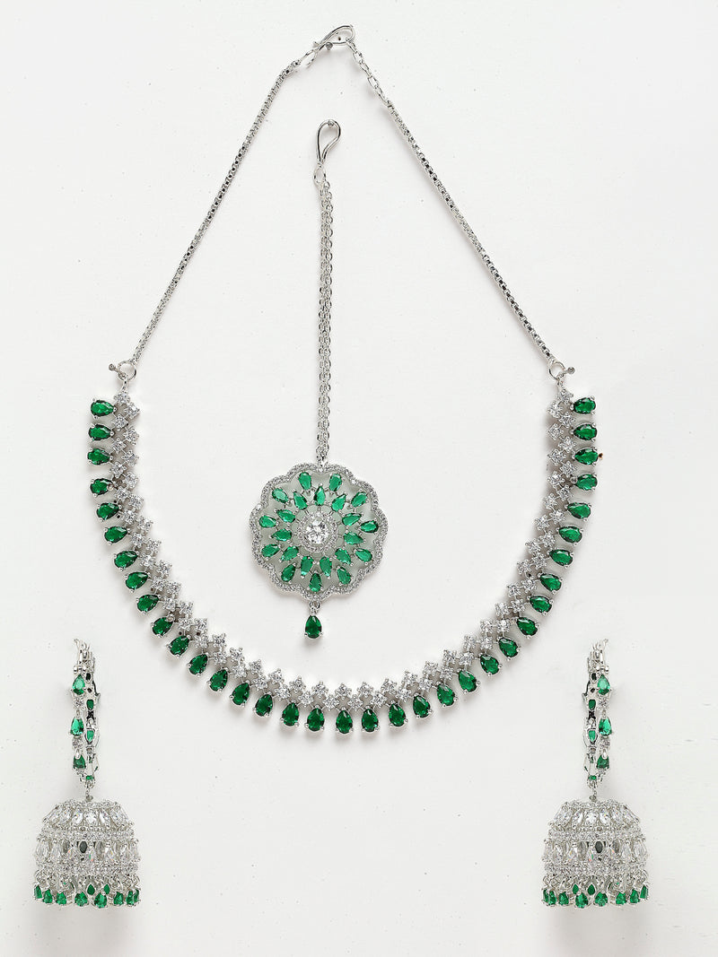 Rhodium-Plated with Silver-Tone Green American Diamond Stone-studded Jewellery Set with Mang Tika Combo