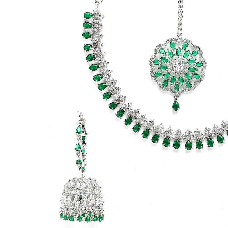 Rhodium-Plated with Silver-Tone Green American Diamond Stone-studded Jewellery Set with Mang Tika Combo
