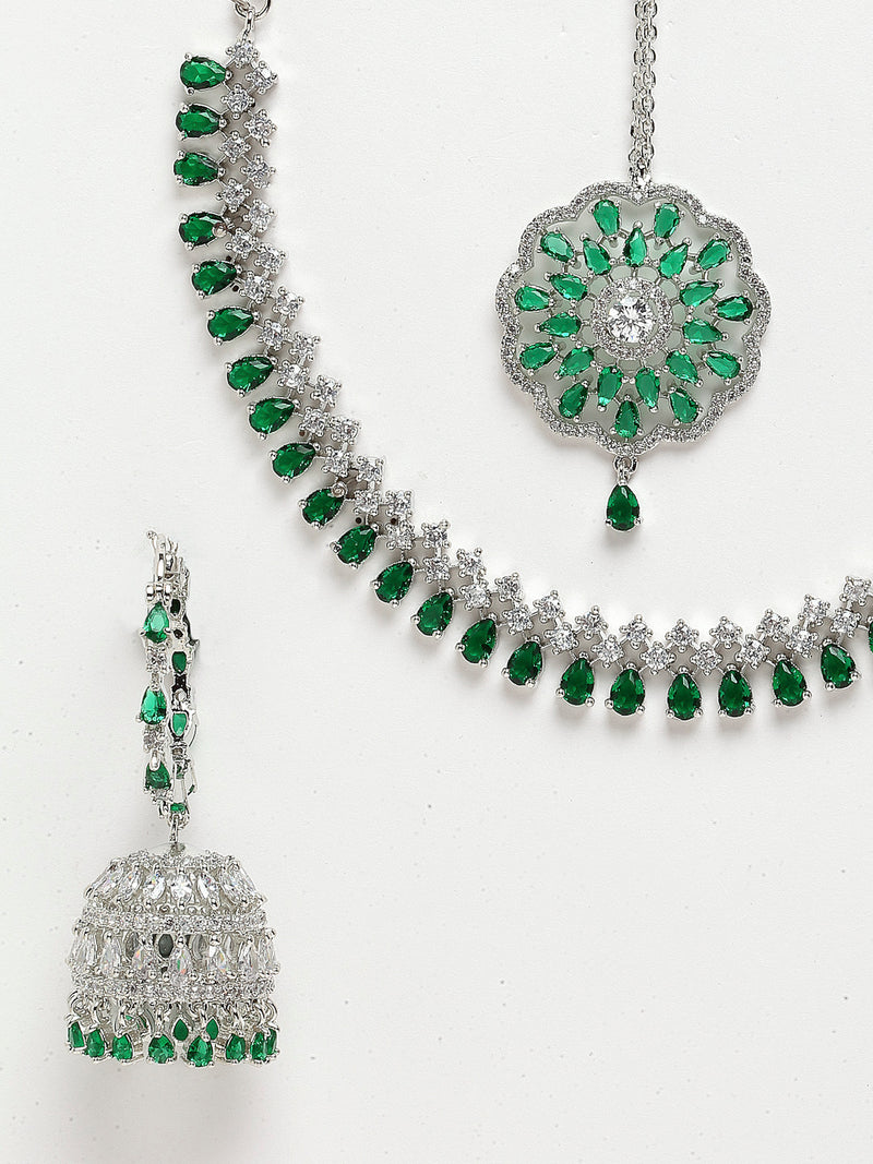 Rhodium-Plated with Silver-Tone Green American Diamond Stone-studded Jewellery Set with Mang Tika Combo