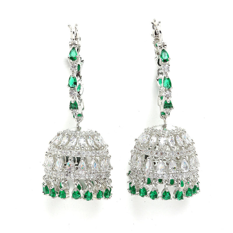 Rhodium-Plated with Silver-Tone Green American Diamond Stone-studded Jewellery Set with Mang Tika Combo