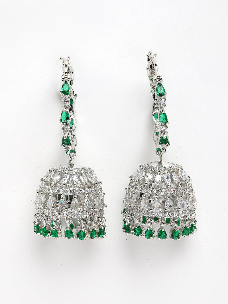 Rhodium-Plated with Silver-Tone Green American Diamond Stone-studded Jewellery Set with Mang Tika Combo