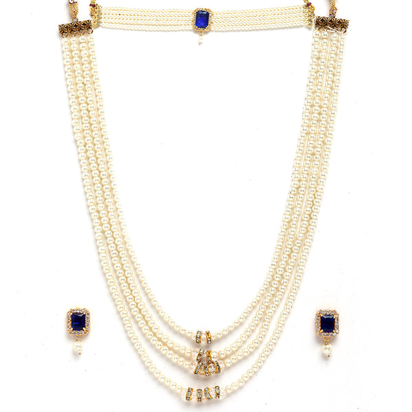 Gold-Plated Navy Blue Stone-Studded & Pearl Beaded Layered Jewellery Set Combo