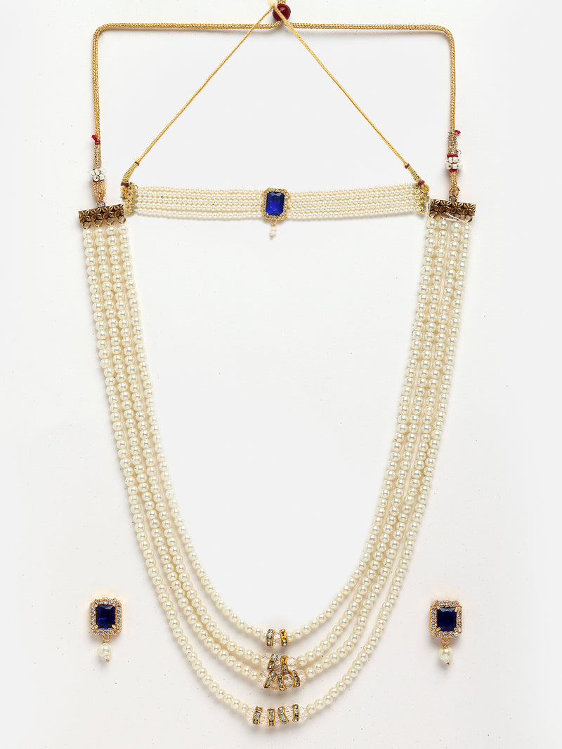 Gold-Plated Navy Blue Stone-Studded & Pearl Beaded Layered Jewellery Set Combo