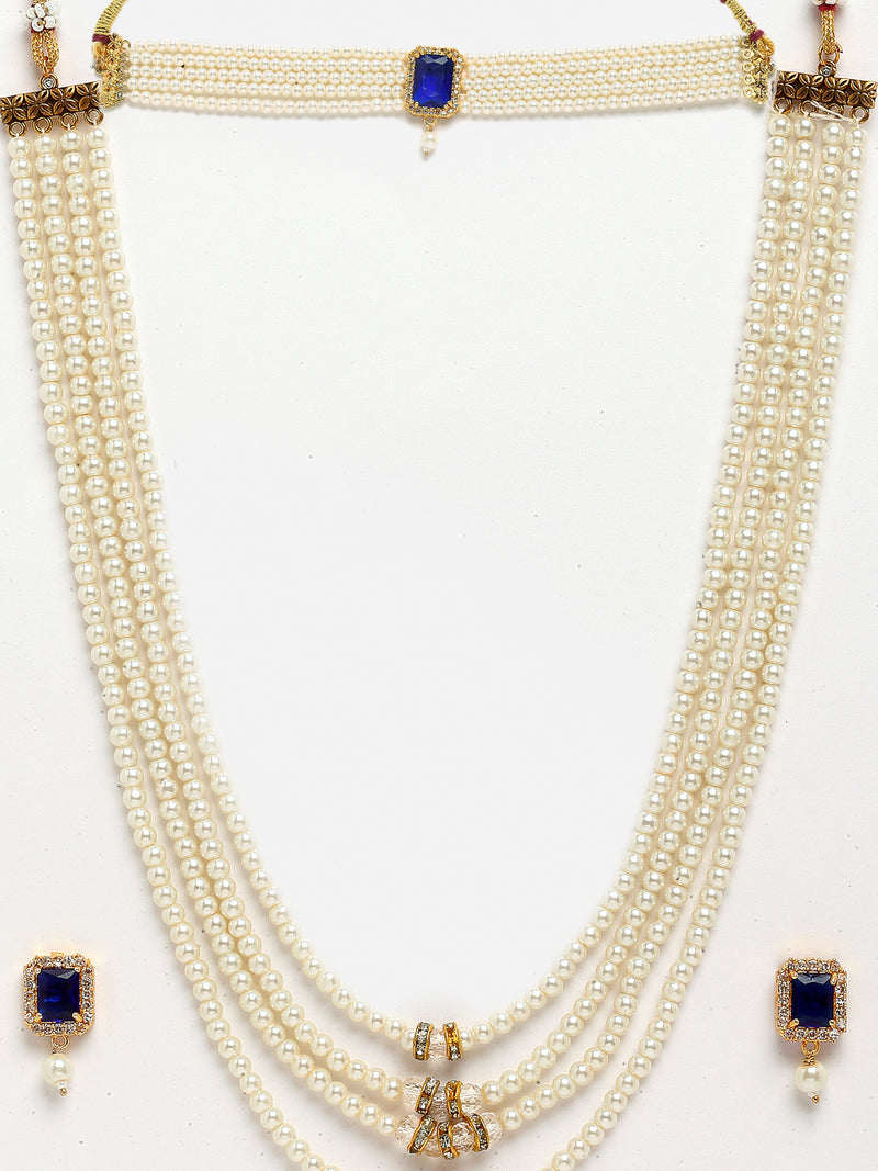 Gold-Plated Navy Blue Stone-Studded & Pearl Beaded Layered Jewellery Set Combo