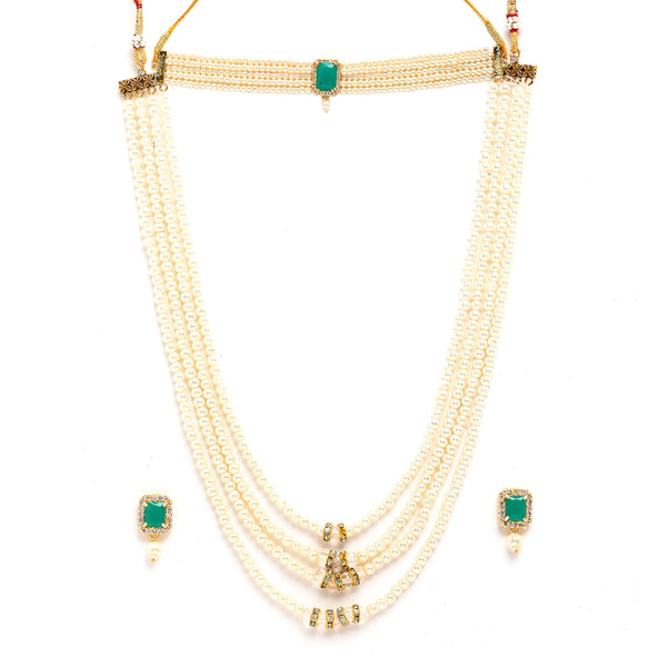 Gold-Plated Green Stone-Studded & Pearl Beaded Jewellery Set Combo