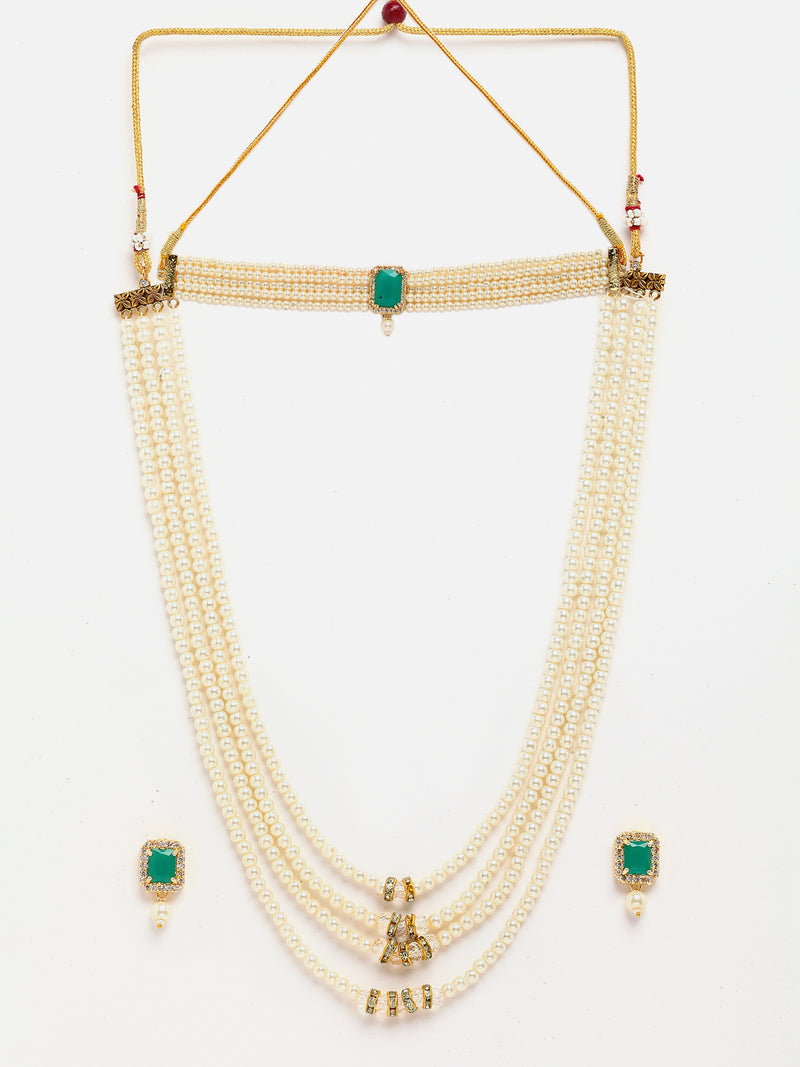 Gold-Plated Green Stone-Studded & Pearl Beaded Jewellery Set Combo