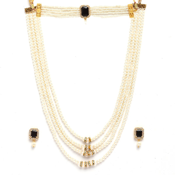 Gold-Plated & Black Stone-Studded & Beaded Layered Temple Jewellery Set Combo