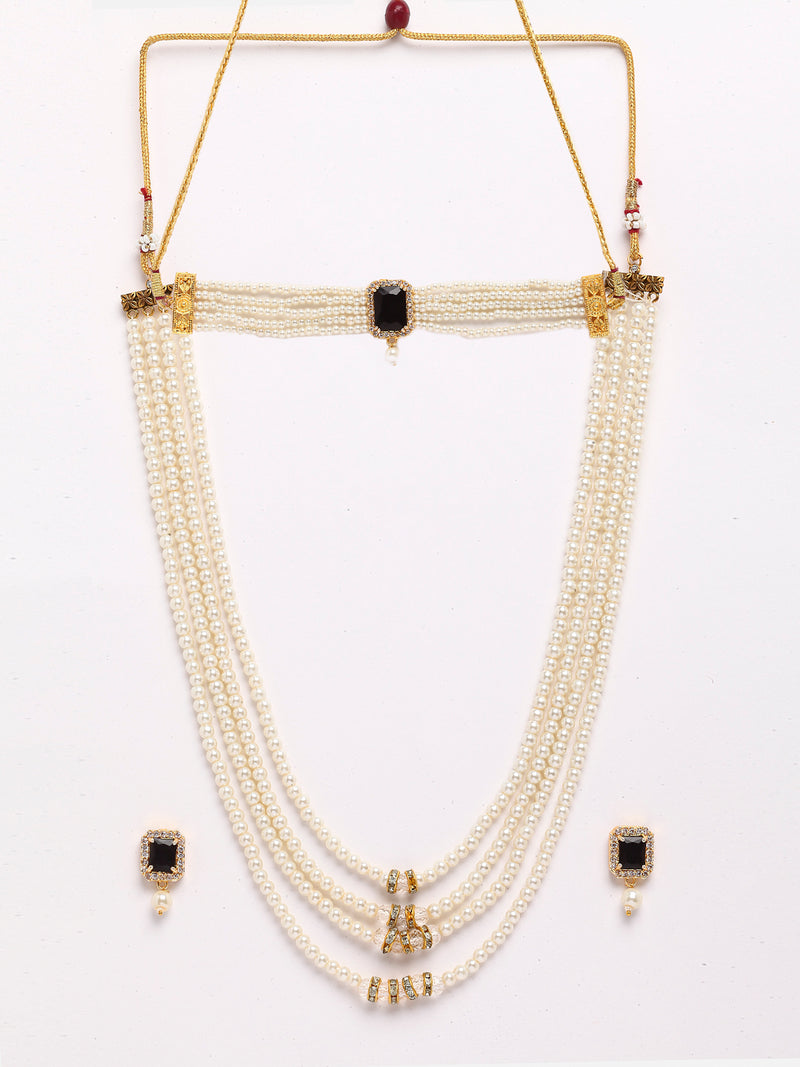 Gold-Plated & Black Stone-Studded & Beaded Layered Temple Jewellery Set Combo