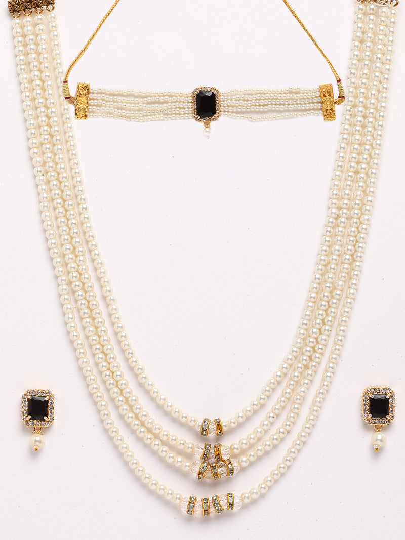 Gold-Plated & Black Stone-Studded & Beaded Layered Temple Jewellery Set Combo