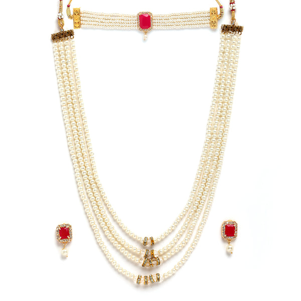 Gold-Plated & Red Stone-Studded & Beaded Temple Jewellery Set Combo