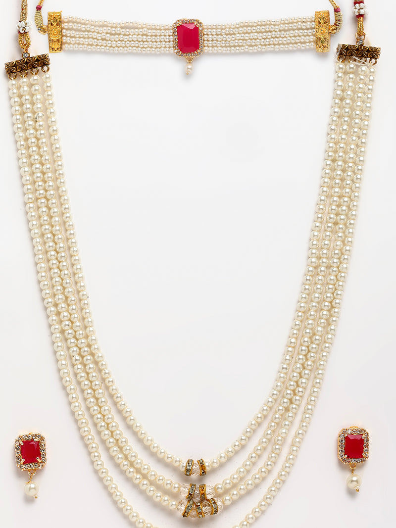 Gold-Plated & Red Stone-Studded & Beaded Temple Jewellery Set Combo