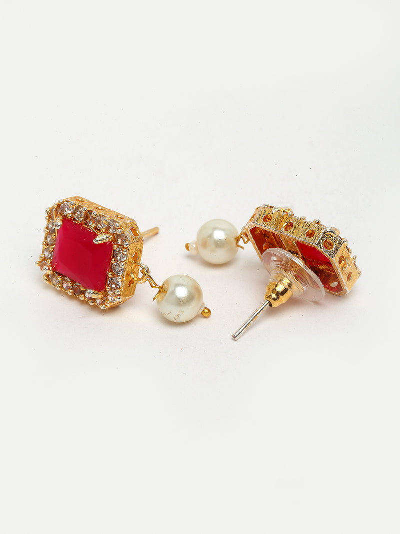 Red & White Gold-Plated  American Diamond Stone-Studded & Beaded Jewellery Set