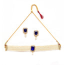 White & Navy Blue Gold-Plated American Diamond Studded and Pearl Beaded Choker Jewellery Set
