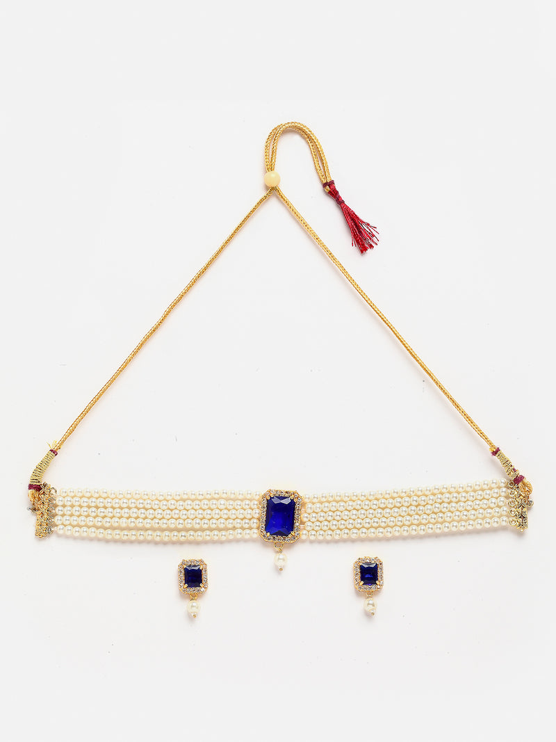 White & Navy Blue Gold-Plated American Diamond Studded and Pearl Beaded Choker Jewellery Set