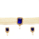 White & Navy Blue Gold-Plated American Diamond Studded and Pearl Beaded Choker Jewellery Set