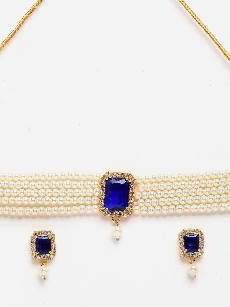 White & Navy Blue Gold-Plated American Diamond Studded and Pearl Beaded Choker Jewellery Set