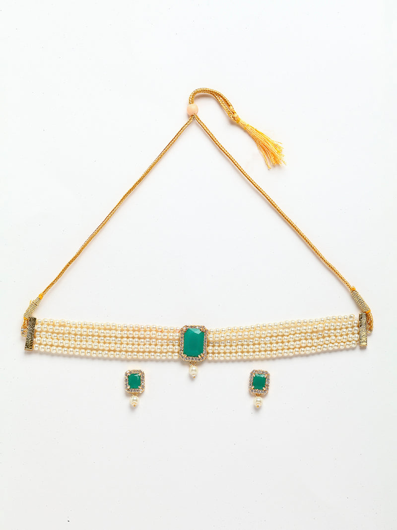 White & Green Gold-Plated American Diamond Studded Choker Jewellery Set