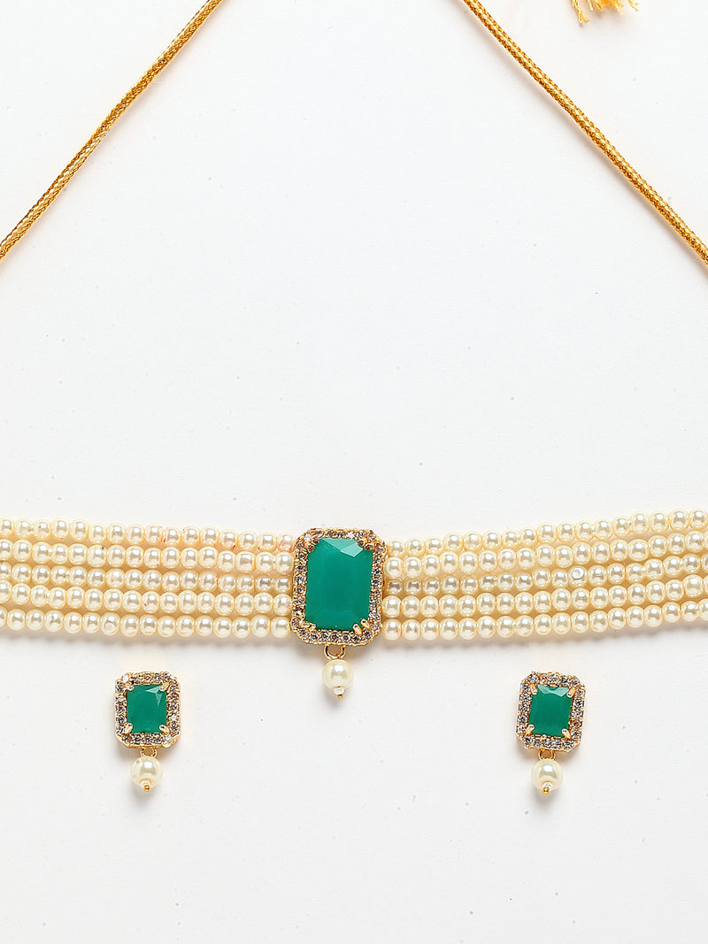 White & Green Gold-Plated American Diamond Studded Choker Jewellery Set