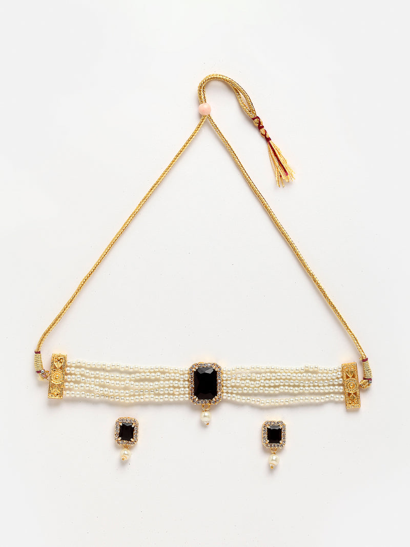 White & Black Gold-Plated American Diamond Studded Choker Jewellery Set
